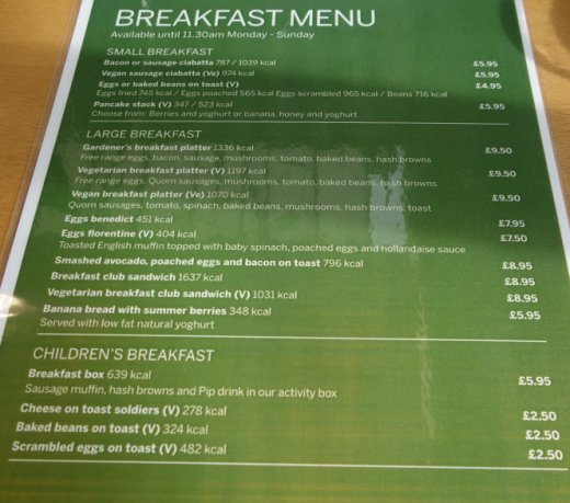 Notcutts Booker breakfast menu
