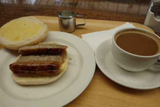 Sausage bap and coffee at Weaver Vale garden centre