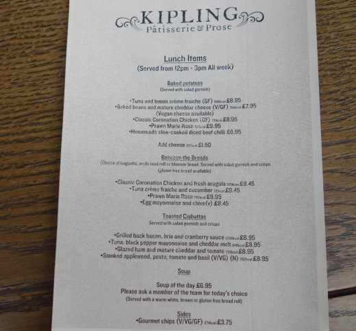 Menu and prices at Kiplings Patisserie
