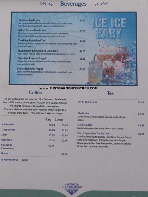 Coffee / tea menu at Derby Garden Centre