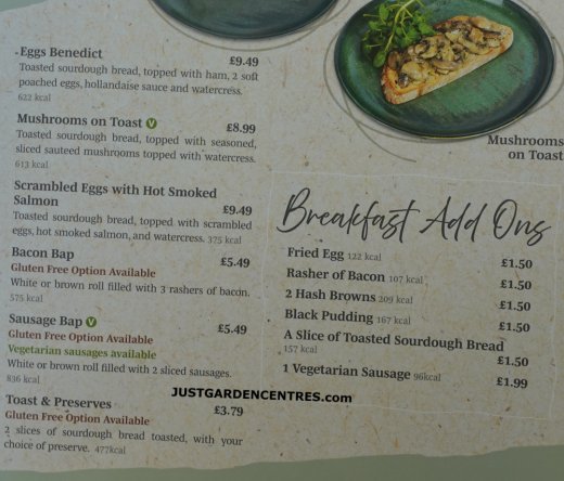 Breakfast menu page 2 at Gloucester Garden Centre