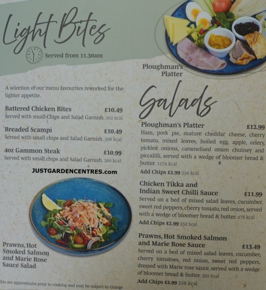 Light bites menu at Gloucester Garden Centre