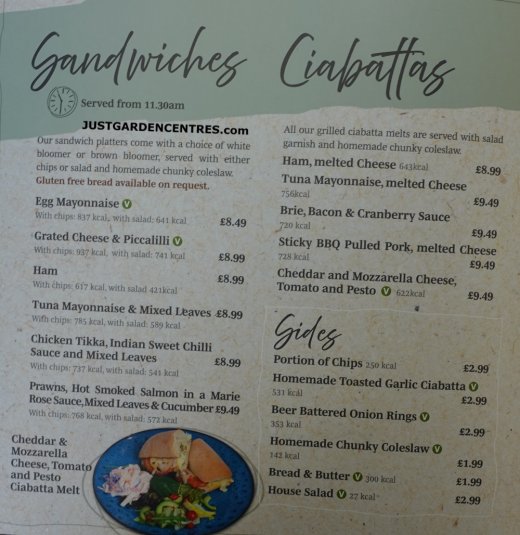Sandwich menu at Gloucester Garden Centre