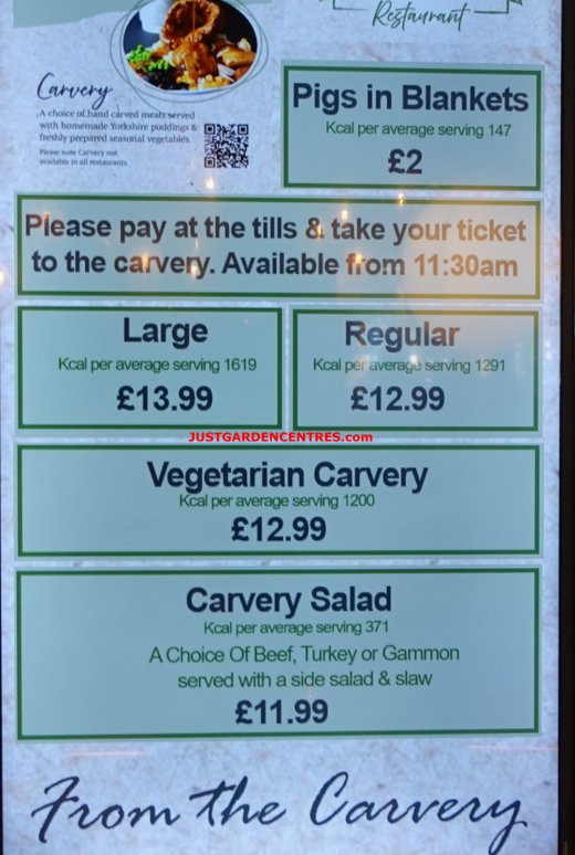 Carvery menu at Rugby Garden Centre