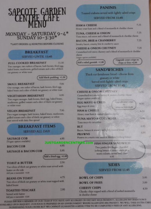 Menu 1 at Sapcote Garden Centre