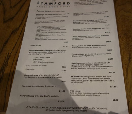Menu at Stamford Garden Centre cafe