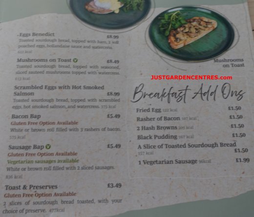 Breakfast menu page 2 at Rugby Garden Centre