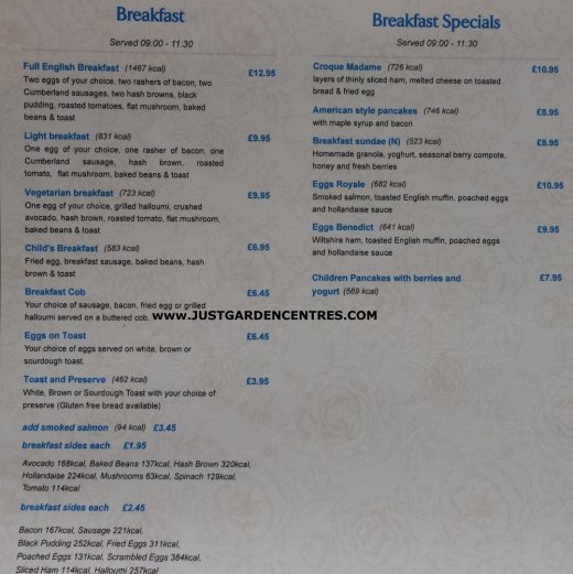 Breakfast menu at Worlds End Garden Centre cafe