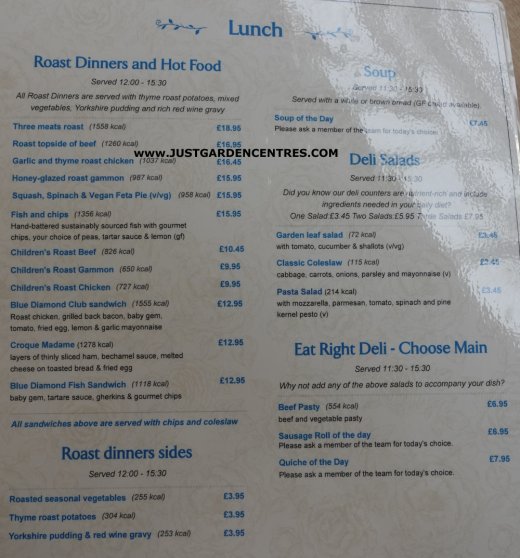 Main meal lunch menu at Worlds End Garden Centre cafe