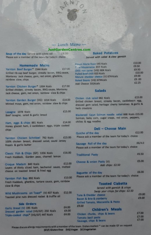 Main menu at Yarnton Garden and Home Cafe